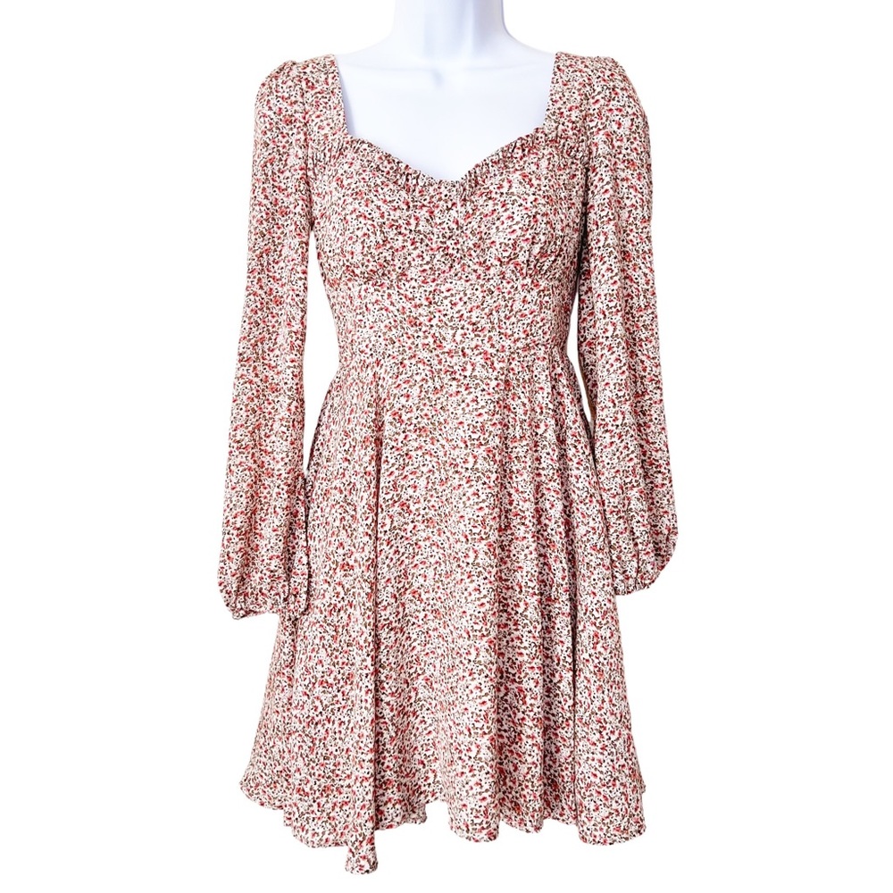 Floral Peasant Dress Sweetheart Neckline Long Sleeves